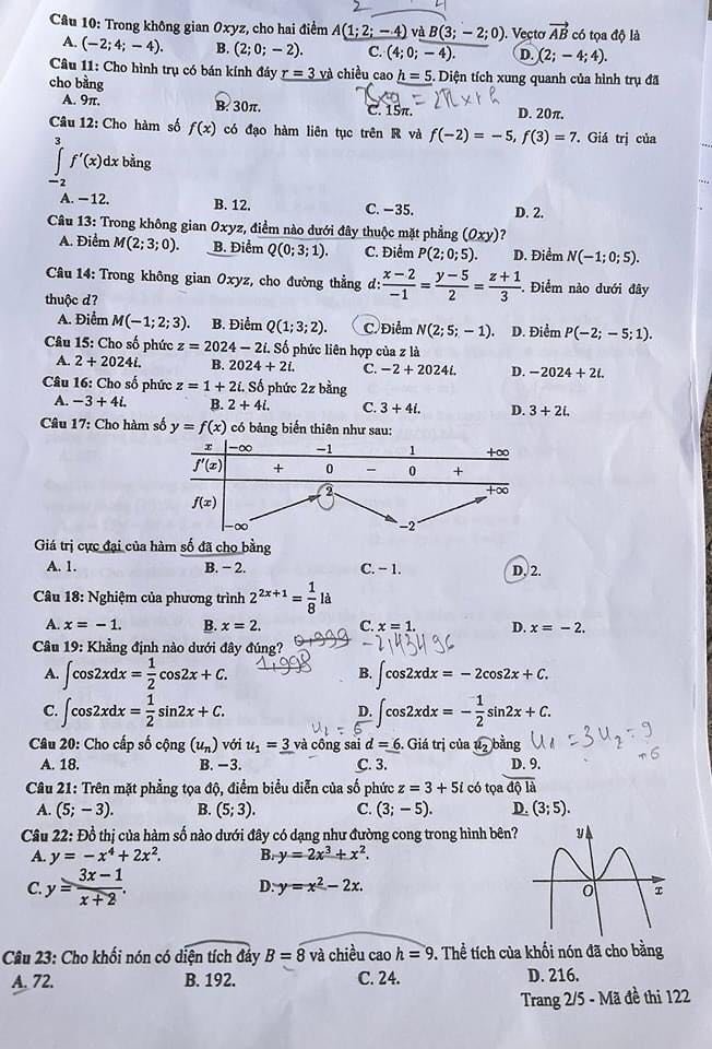 Đề thi THPT Quốc gia môn Toán năm 2024 mã đề 122 2