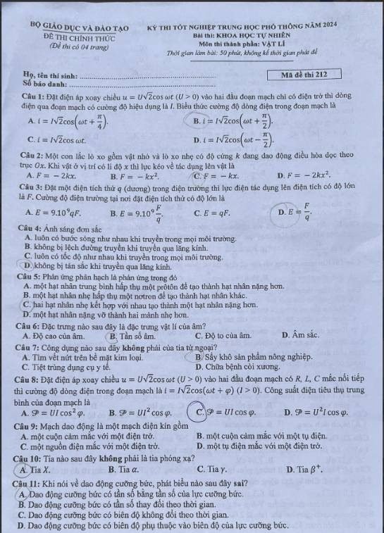 Đề thi THPT Quốc gia môn Vật lí năm 2024 mã đề 212 1