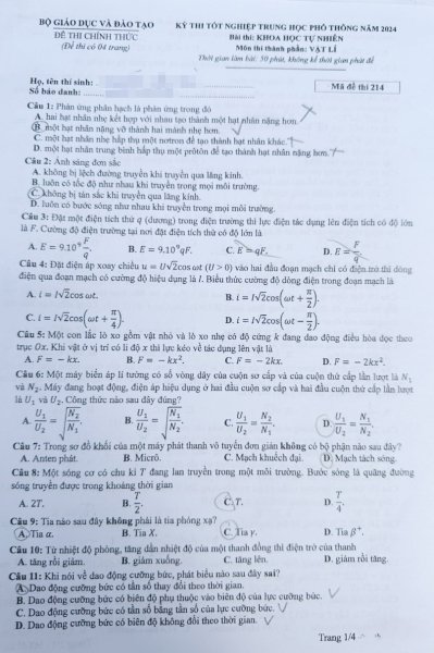 Đề thi THPT Quốc gia môn Vật lí năm 2024 mã đề 214 1