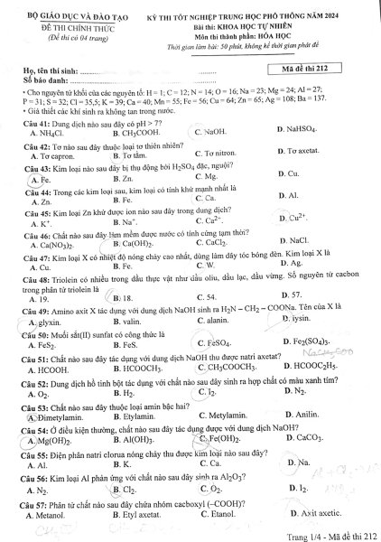 Đề thi THPT Quốc gia môn Hóa học năm 2024 mã đề 212 1