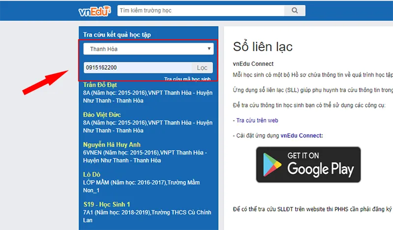 tra cứu điểm trên vnedu 1